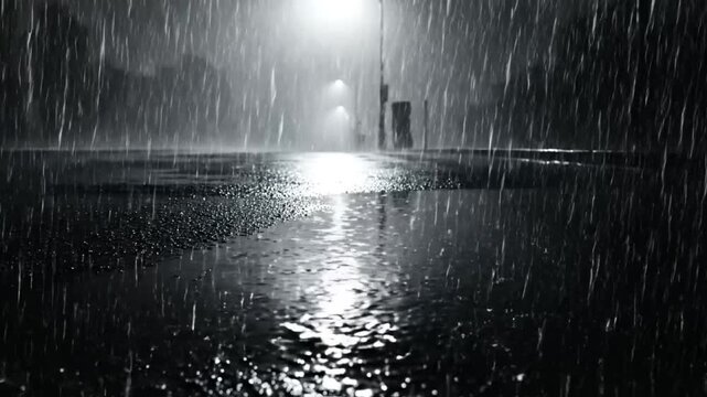 Dramatic monochrome night scene of heavy rain with illuminated street and water reflections, creating moody atmosphere