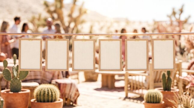 Six blank rectangular paper frames hanging on a line at a desert outdoor event with desert party cacti background summer festival rustic decor event signage desert theme party decoration