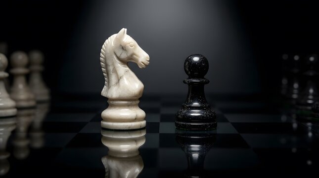 A white knight faces a black pawn on a reflective chess board.