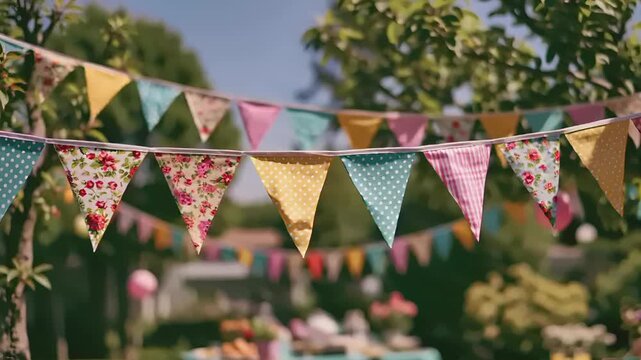 Summer hot vibe lifestyle. A vibrant outdoor scene depicts a festive celebration. A string of colorful bunting flags, each with a unique pattern and design.