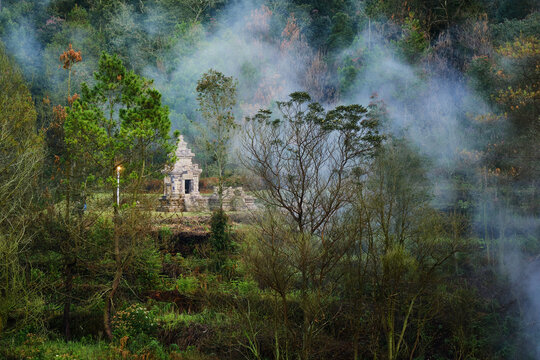 View of Gedong Songo Temple nestled in a lush, misty forest landscape with ancient stone architecture and dense trees in Bandungan, Central Java, Indonesia.