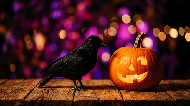 A mysterious black crow standing next to a glowing carved jack o lantern pumpkin