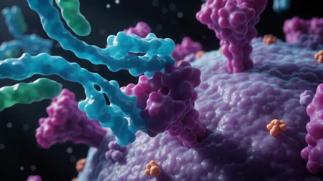 Microscopic view of a virus with protein structures on its surface, representing a biological threat or medical research.
