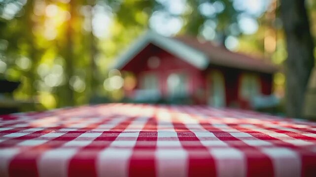 Summer hot vibe lifestyle. A closeup shot of a red and white checkered tablecloth. The tablecloth is in sharp focus, while the background is slightly blurred.