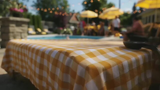 Summer hot vibe lifestyle. A candid outdoor scene shows a table covered with a yellow and white checkered tablecloth. The table is set by a swimming pool.
