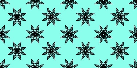 Seamless floral pattern with black flowers on a turquoise background