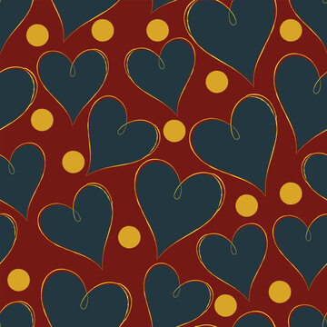 Dark blue heart yellow outline red background yellow dot seamless pattern romantic abstract playful decorative modern design joyful mood. seamless pattern featuring dark blue hearts with yellow
