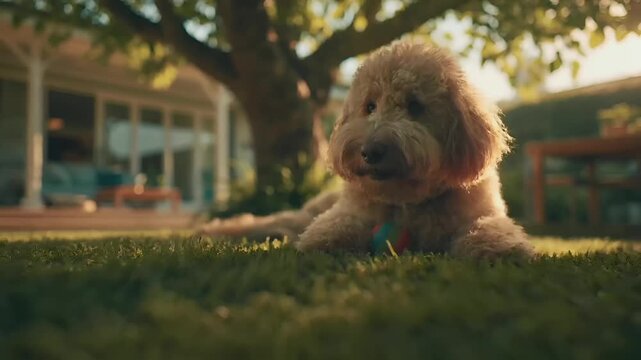 Summer hot vibe lifestyle. A vivid outdoor scene features a fluffy, lightcolored poodle lying on a lush green lawn. The poodles fur is soft and fluffy, with a mix of light and dark shades. A vibrant.