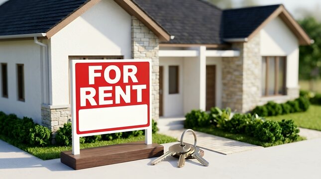 For Rent Sign in Front of Suburban House with Keys