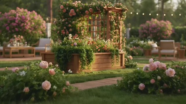 Summer hot vibe lifestyle. A vivid outdoor scene depicts a serene garden. A wooden trellis is the main subject, adorned with lush greenery and vibrant pink and orange roses.