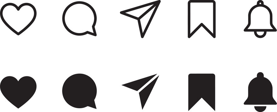 Minimalist social media button icons set with solid and outline styles for user engagement and mobile navigation interface.