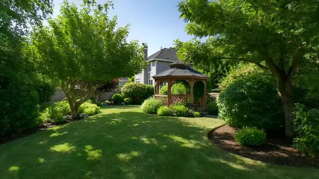 Summer hot vibe lifestyle. A vivid, sunlit photograph of a wellmaintained garden with a wooden gazebo in the center. The garden features lush greenery, including trees with vibrant green leaves.