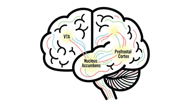 Brain Anatomy Illustration: A stylized illustration depicting the complex neural pathways and key regions of the human brain, including the VTA, Nucleus Accumbens, and Prefrontal Cortex.