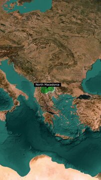 North Macedonia Country Highlighted on World Map, Vertical 3D Satellite Zoom In Animation
