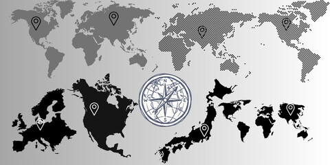 World Map with Compass Rose and Location Pins © Dika