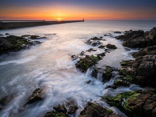Fototapeta premium Sunset over rocky coast with jetty and waves