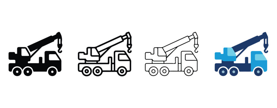 Tow Trucks with Cranes in Different Styles and Colors Isolated on Transparent Background
