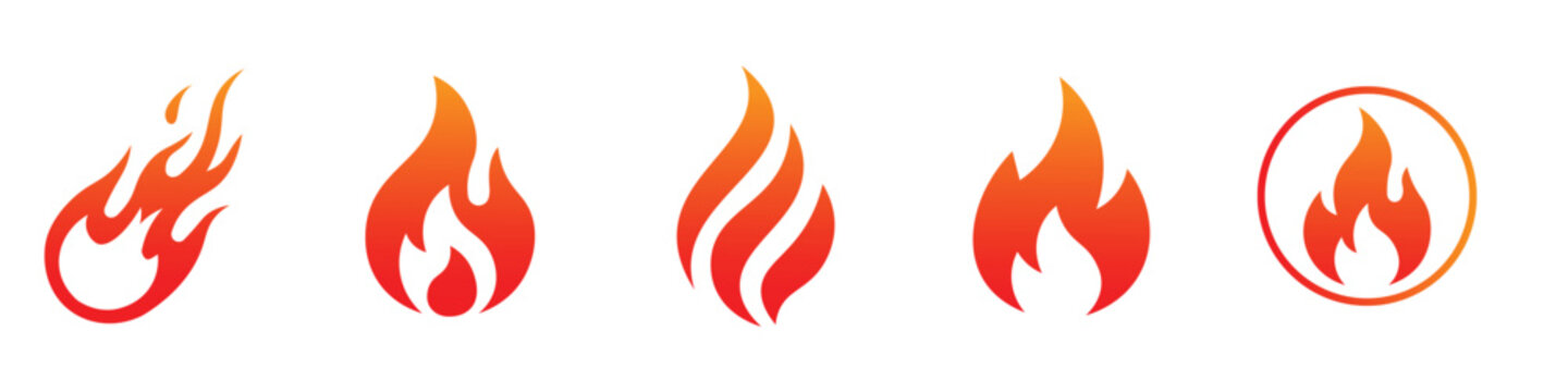 Red orange fire flame vector icon set with campfire spark hot blaze and heat symbols for logo design