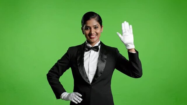 Medium shot of woman in tuxedo waving on green screen