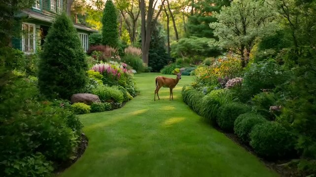 Summer hot vibe lifestyle. A vivid portrayal of a lush, wellmaintained garden. A deer, with a reddishbrown coat, stands in the center of the garden, gazing directly at the camera.