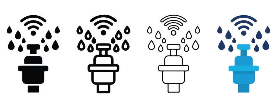 Smart WiFi enabled water sprinkler system icons with varying water flow and connectivity status designs