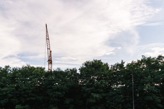 View of a tall yellow construction crane rising above a dense line of green trees under a cloudy sky in Jaworzno, Silesian Voivodeship, Poland.