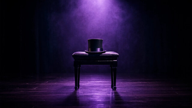 Top hat on a vintage stool in dramatic purple stage lighting with theatrical atmosphere.