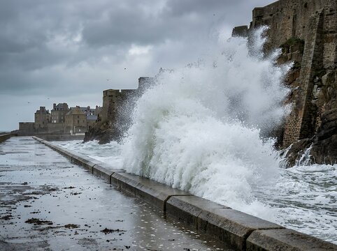 Stormy coast fortress seawall waves crash