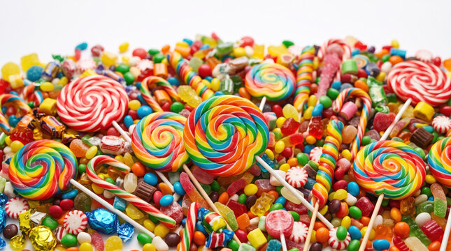 A vibrant collection of colorful assorted candies and lollipops piled together on a white background