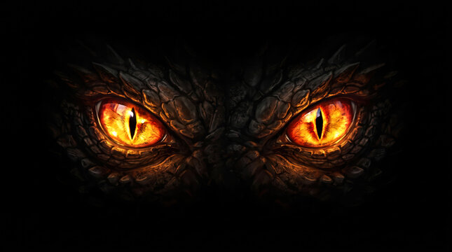 Close up of glowing yellow reptile eyes emerging from the darkness of a textured scaly face