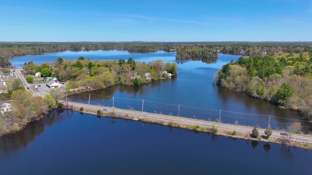 Norton Reservoir aerial view in spring in town of Norton, Bristol County, Massachusetts MA, USA. 