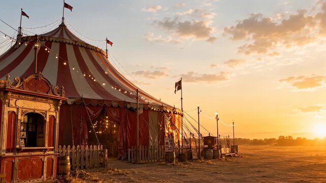 Vintage striped circus tent at sunset with copy space, nostalgia concept for entertainment advertising