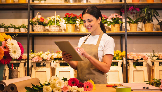 Smiling female florist using digital tablet in colorful flower shop workspace blooming plants roses warm light