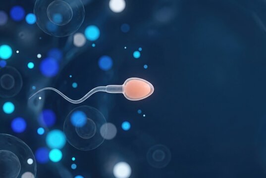 Single human sperm cell swimming towards an egg in a microscopic medical environment.