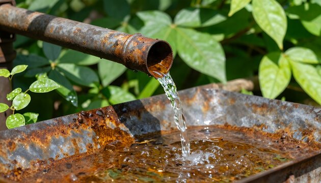 Rusted pipe water drip into rusty tray in garden, oxidized metal, corrosion