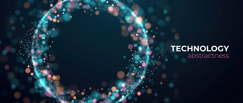 Abstract technology background with glowing blue light particles forming a circular frame.