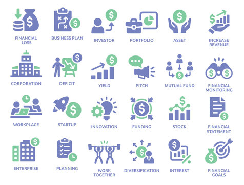 Business management and financial investment icons, vector graphic set