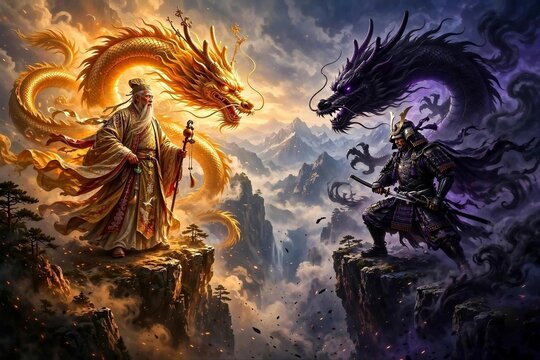 Fantasy battle scene: a golden dragon and robed warrior face a dark purple dragon