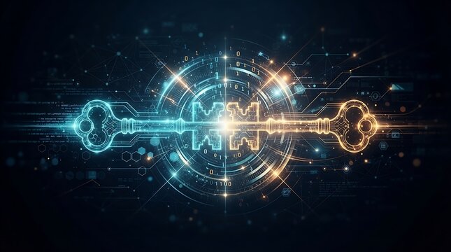 Digital security concept with glowing dual keys merging in a high tech interface representing encryption data protection and cyber safety