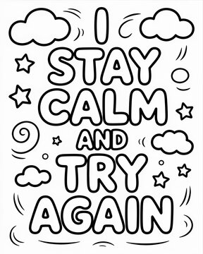 Inspirational quote coloring page for kids, I Stay Calm and Try Again text, bubble letters with stars and clouds doodle art, educational coloring sheet