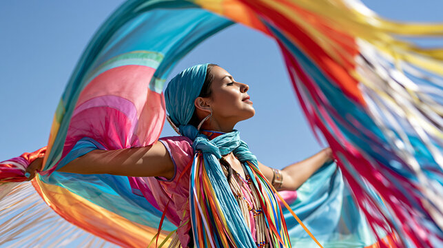 Indigenous dancer creating a large circular movement with a colorful shawl, open-air cultural festival, dynamic fabric motion, authentic traditional regalia, documentary