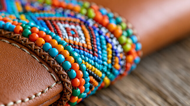 Close-up of handmade leather craft featuring colorful bead embroidery, intricate geometric details, rustic texture, Indigenous artisan tradition, commercial background, with copy
