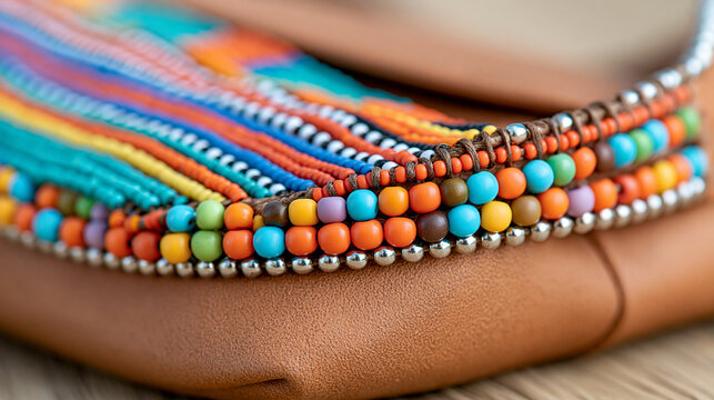 Close-up of handmade leather craft featuring colorful bead embroidery, intricate geometric details, rustic texture, Indigenous artisan tradition, commercial background, with copy