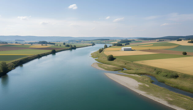 River winding through green farmland aerial countryside landscape