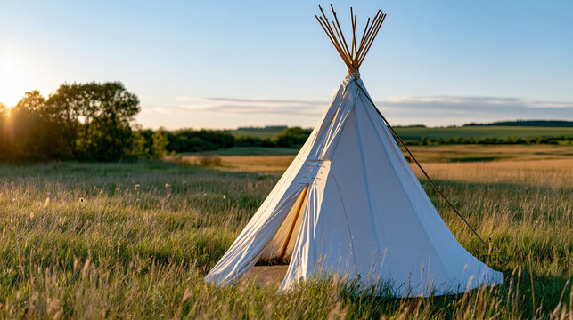 Traditional Indigenous teepee standing on an open prairie at golden hour, natural landscape, peaceful cultural heritage concept, warm sunlight, realistic editorial photography,