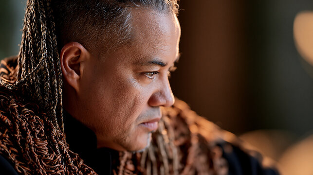 Close-up side profile of an Indigenous man with braided hair, handcrafted necklace and subtle facial details, warm studio lighting, cultural portrait, shallow depth of field, with