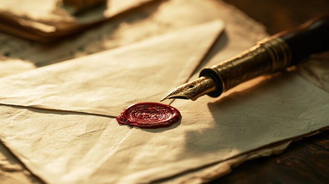 Antique fountain pen poised over a sealed vintage letter with red wax