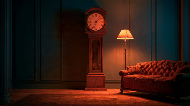 Antique grandfather clock and tufted sofa in a dimly lit vintage living room