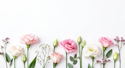 Obraz premium Zarte rosa und weiße Blumen mit grünen Stielen auf weißem Hintergrund