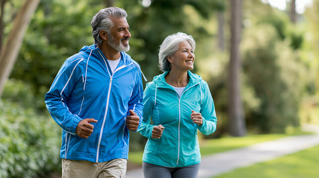 Indigenous senior couple jogging together along a peaceful park trail, active aging, healthy retirement, wellness and outdoor exercise, natural expressions, realistic lifestyle